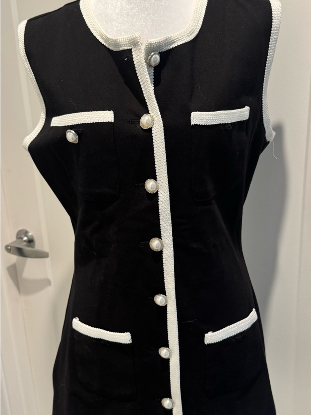 SAME Sleeveless Shift Dress with White Trim and Pearl Buttons